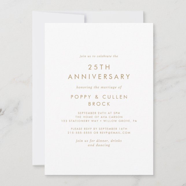 Invitation Chic Typographie Or 25e Anniversaire de Mariage (Devant)