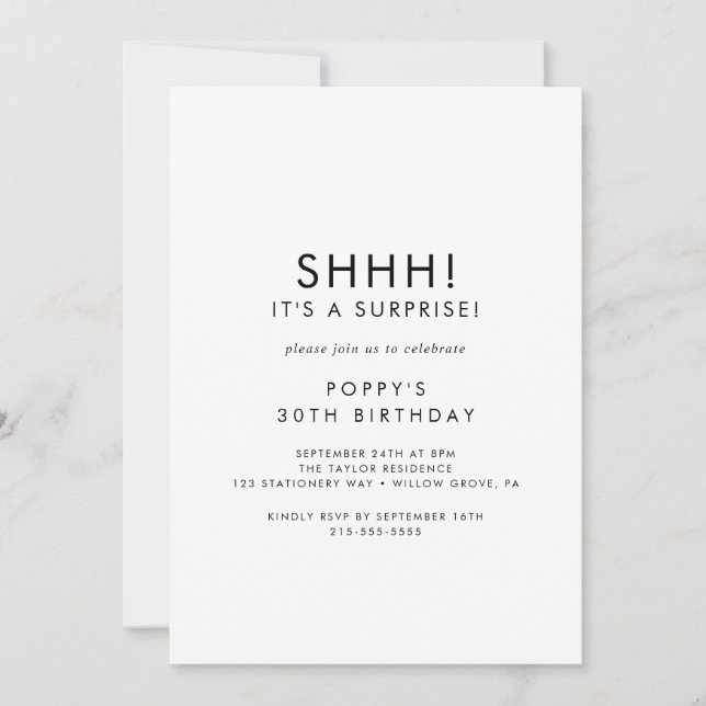 Invitation Chic Typographie Parti surprise (Devant)