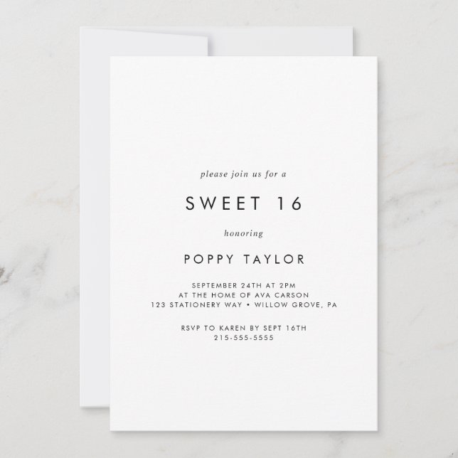Invitation Chic Typographie Sweet 16 Anniversaire (Devant)