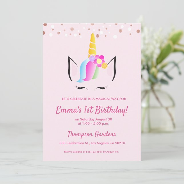 Invitation Chic Unicorn Confetti 1er anniversaire (Debout devant)
