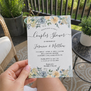 Invitation Chic Vanille Fleurs Bleues Mariage Couple Baby Sho