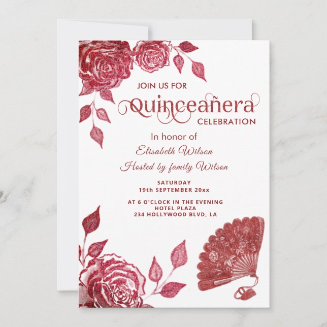 Invitation Chic ventilateur main roses romantiques Quinceañer (Devant)
