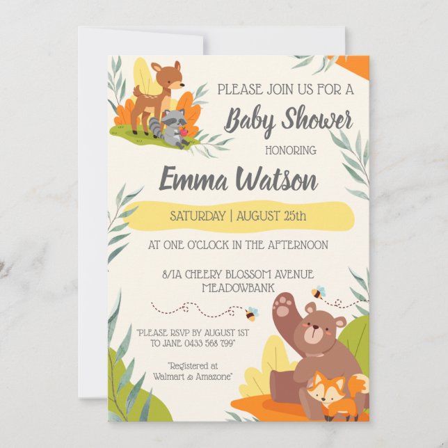 Invitation Chic verdure Bois Animaux Baby shower Forêt (Devant)