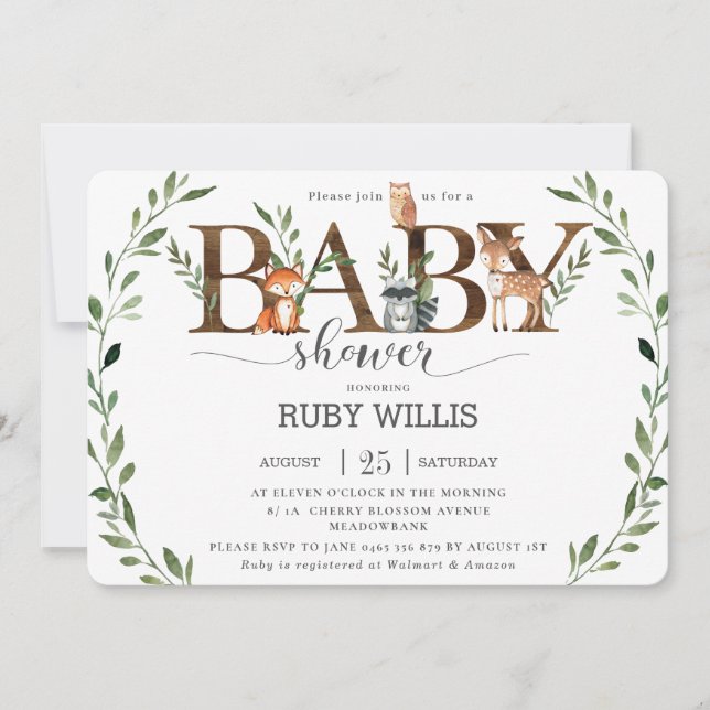 Invitation Chic verdure Bois Animaux Baby shower Garçon (Devant)