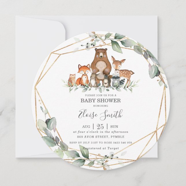 Invitation Chic verdure Bois Animaux Baby shower Neutre (Devant)