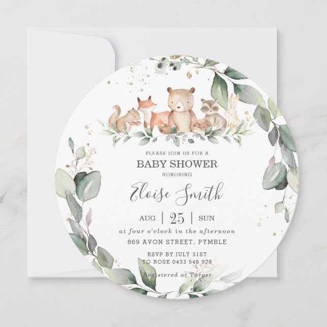 Invitation Chic verdure Bois Animaux Baby shower Neutre (Devant)