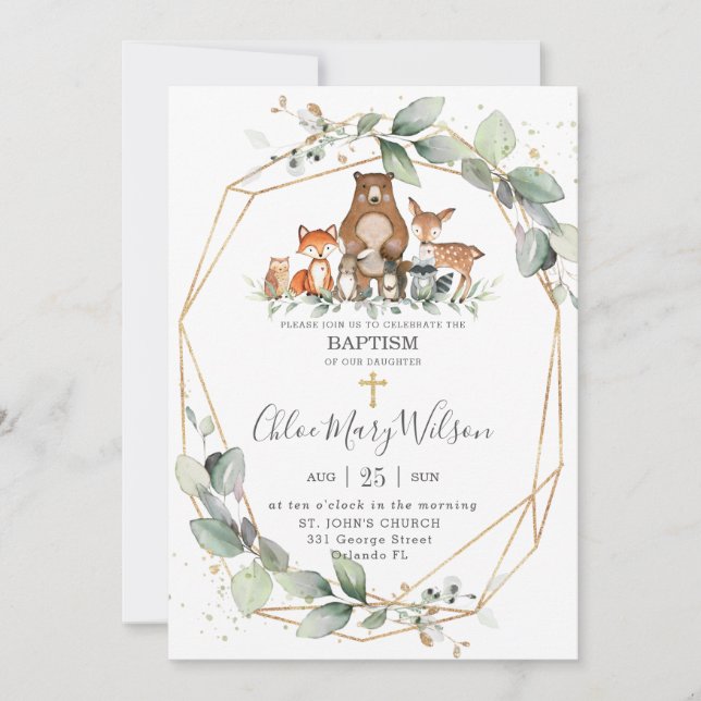 Invitation Chic Vert Bois Animaux Baptême Christening (Devant)