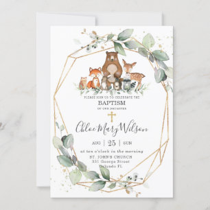 Invitation Chic Vert Bois Animaux Baptême Christening