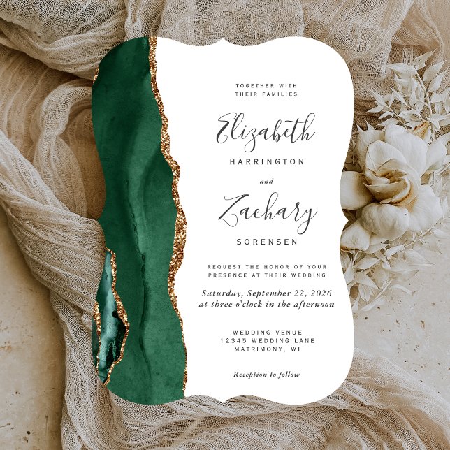 Invitation Chic Vert Émeraude Or Agate Sombre Support Mariage (Créateur téléchargé)