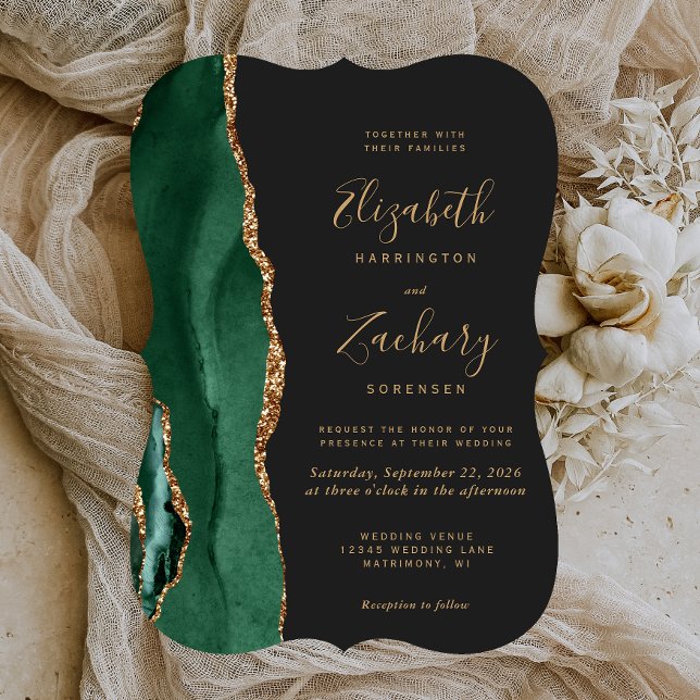 Invitation Chic Vert Émeraude Or Agate Sombre Support Mariage (Créateur téléchargé)