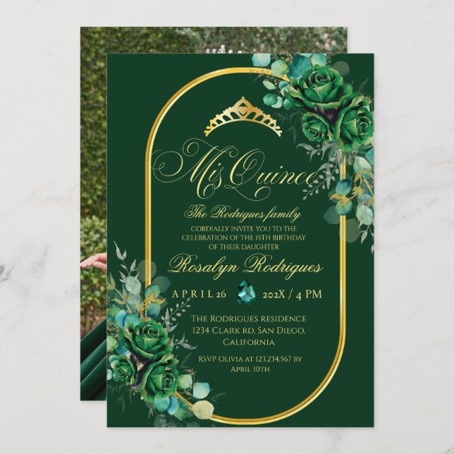 Invitation Chic vert émeraude Quinceanera 15e anniversaire (Devant / Derrière)