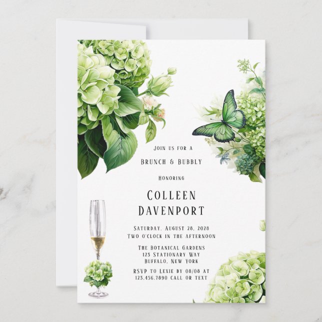 Invitation Chic Vert Hydrangea Butterfly Brunch & Bubbly (Devant)