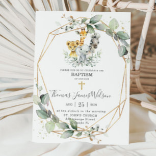 Invitation Chic Vert Jungle Animaux Baptême Christening