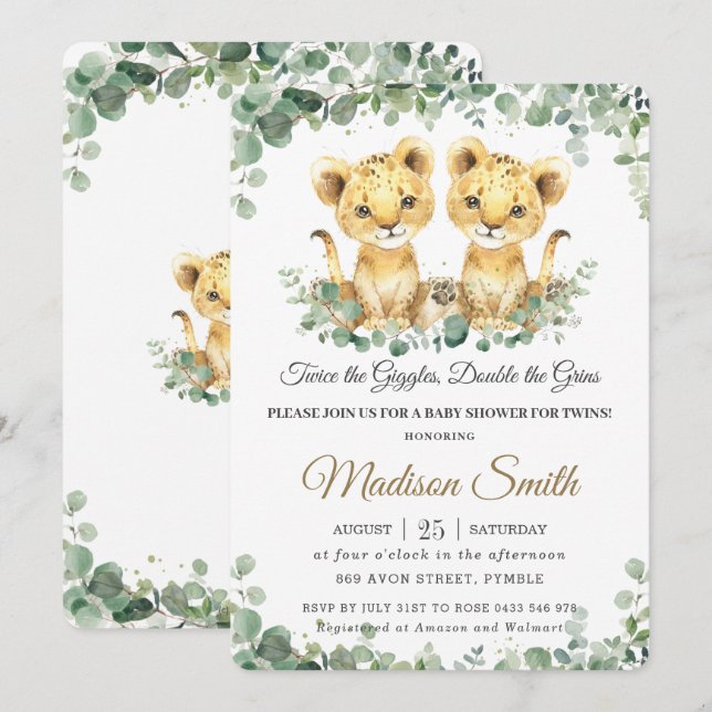 Invitation Chic Vert Lion Cubs Twins Boys Baby shower (Devant / Derrière)