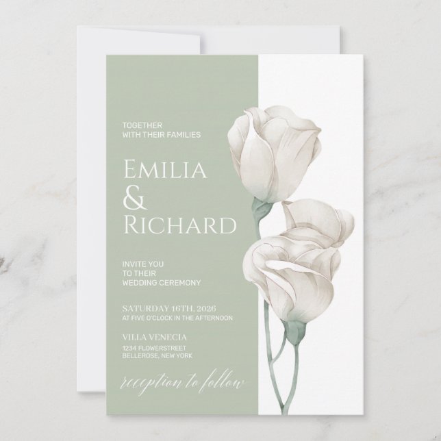 Invitation Chic vert pastel poudre blanc mariage floral (Devant)