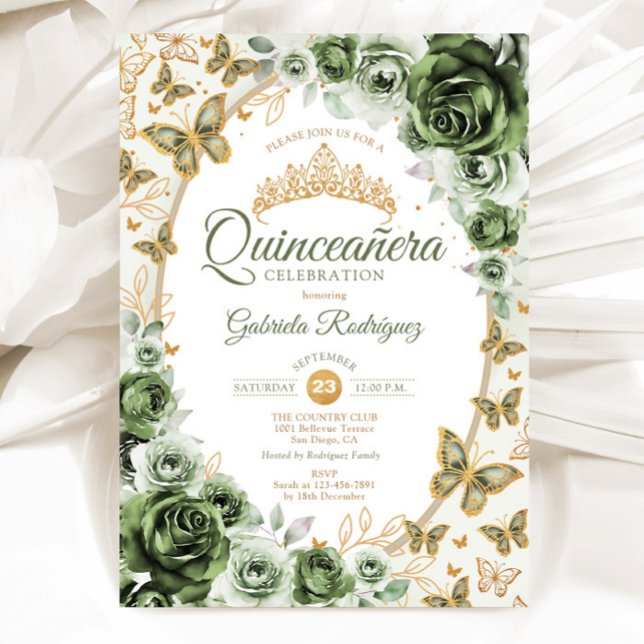 Invitation Chic Vert Sauge Or Floral Quinceanera (Créateur téléchargé)
