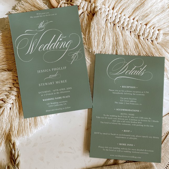 Invitation Chic vert sauge tout en un mariage de calligraphie (Chic sage green all in one calligraphy wedding invitation)