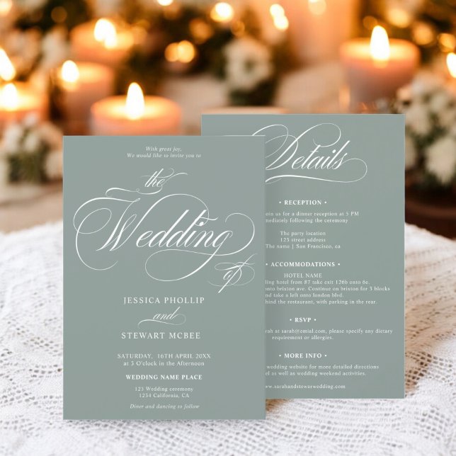 Invitation Chic vert sauge tout en un mariage de calligraphie (Chic sage green all in one calligraphy wedding invitation)