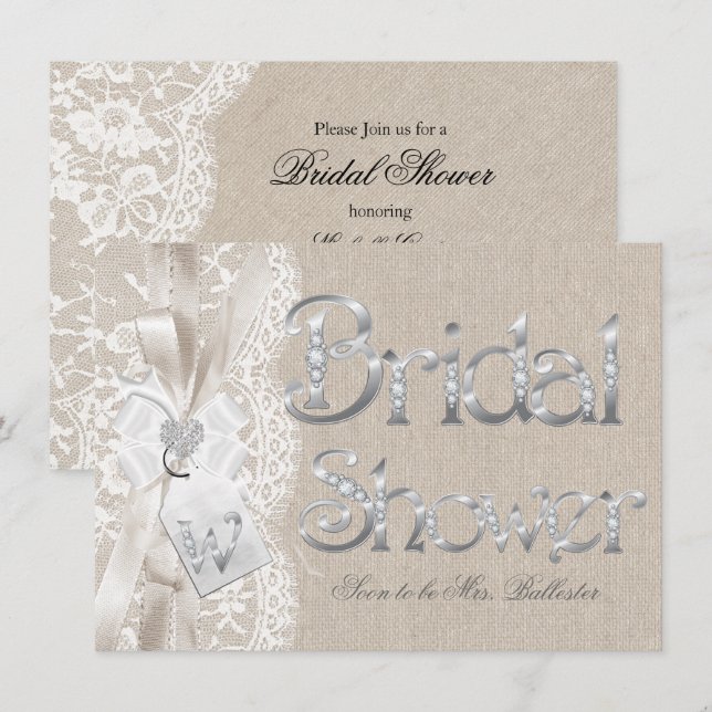 Invitation Chic Vintage Dentelle Argent Burlap Mariage Shower (Devant / Derrière)