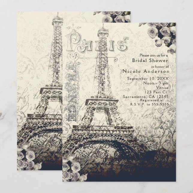 Invitation chic vintage Paris tour Eiffel et roses (Devant / Derrière)