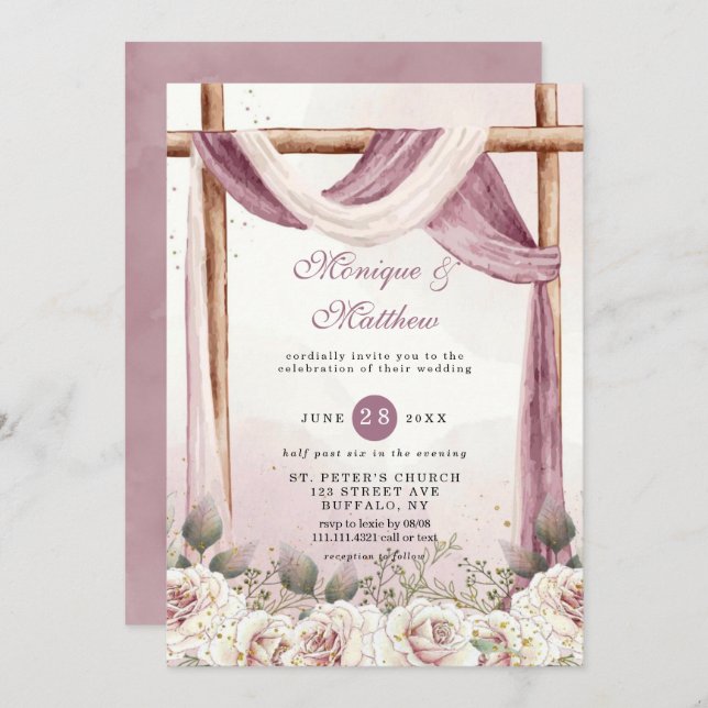 Invitation Chic violet blanc à canopée Florals Mariage (Devant / Derrière)