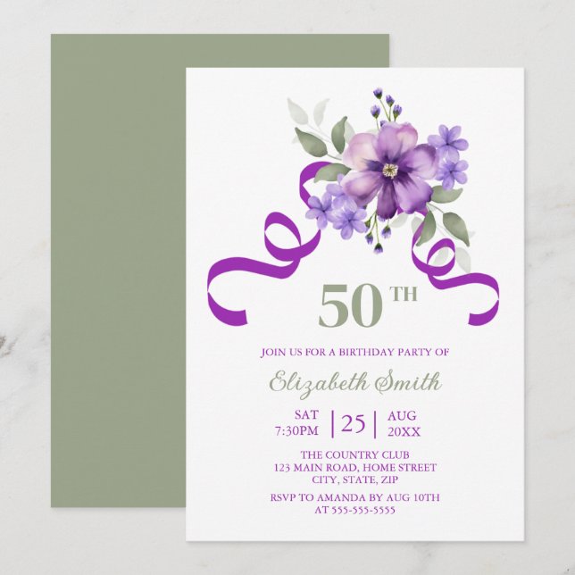 Invitation Chic Violet Flower Purple Ribbon Birthday (Devant / Derrière)