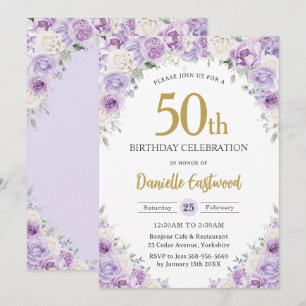 Invitation Chic violet Lilac blanc floral 50e 60e anniversair