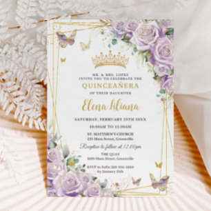 Invitation Chic violet Lilac Roses Floral or Quinceañera XV