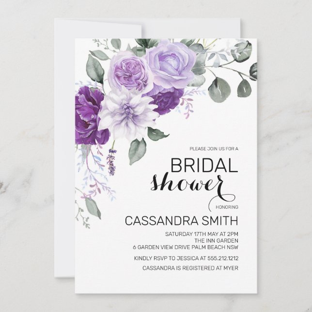 Invitation Chic Violet Purple Floral Greenery Bridal Shower  (Devant)