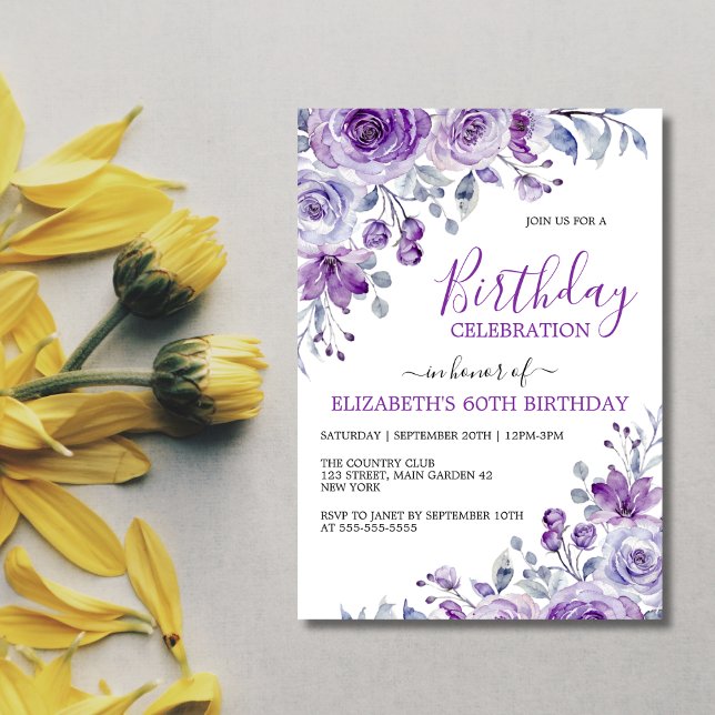 Invitation Chic Violet Rose Floral Botanique Anniversaire (Créateur téléchargé)