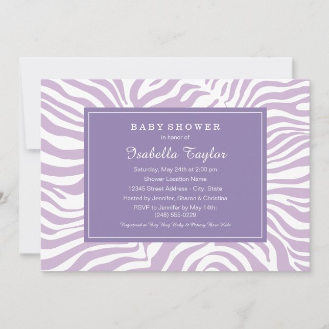 Invitation Chic Violet Zebra Stripes Baby shower fille (Devant)