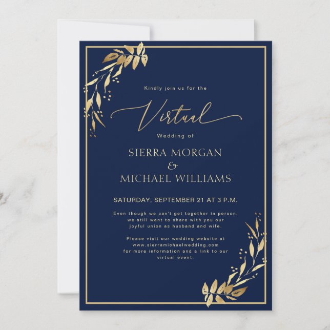 Invitation Chic Virtual Navy Blue & Golden Foliage Mariage (Devant)