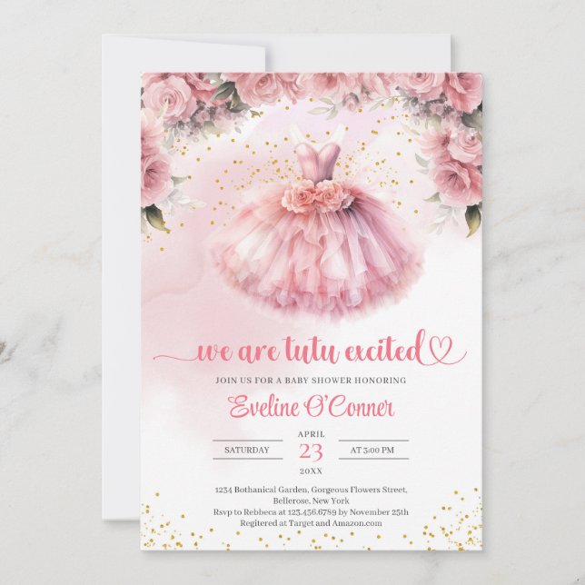 Invitation Chic watercolor ballerina robe fille Baby shower (Devant)