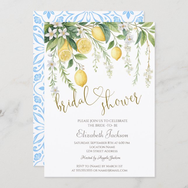 Invitation Chic Watercolor Blooming Lemons Bridal Shower  (Devant / Derrière)