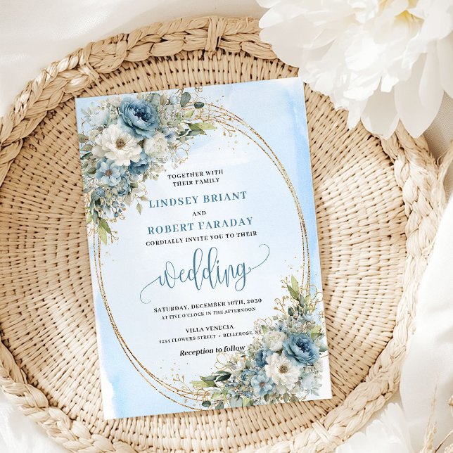 Invitation Chic Watercolor Blue Flowers Gold Glitter Wedding (Watercolor Blue Flowers Gold Glitter Wedding Invite)