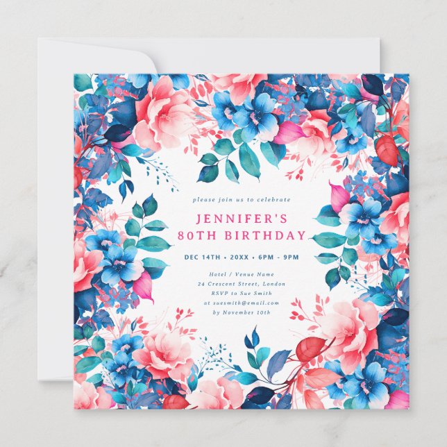 Invitation Chic Watercolor Floral 80e fête d'anniversaire (Devant)