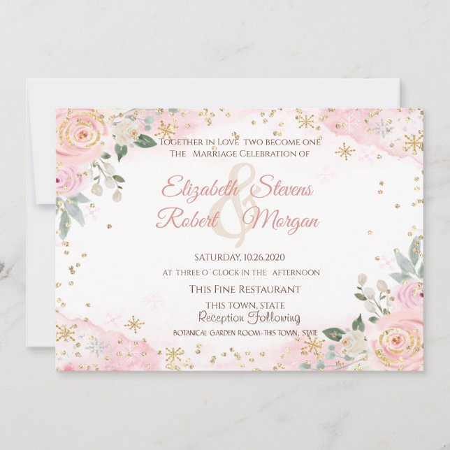 Invitation Chic Watercolor Flowers Snowflakes Wedding  (Devant)