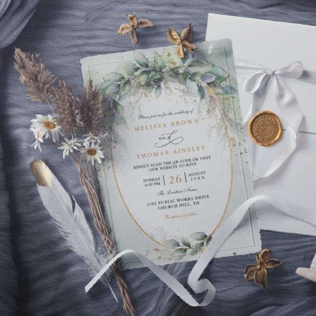 Invitation Chic watercolor greenery elegant qr code wedding (Créateur téléchargé)