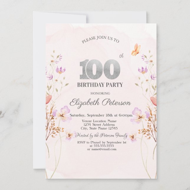 Invitation Chic Watercolor Lilac Wildflowers 100th Birthday (Devant)