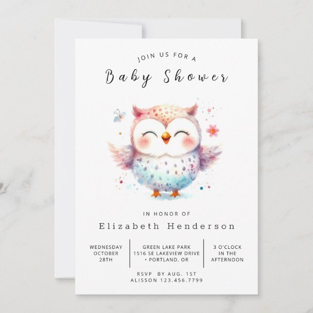 Invitation Chic Watercolor Owl Baby shower (Devant)