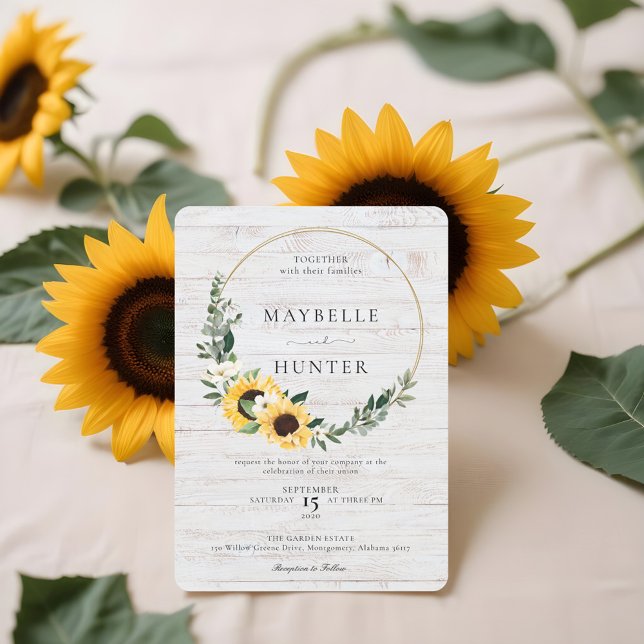 Invitation Chic Watercolor Sunflower Wreath Whitewood Mariage (Chic Watercolor Sunflower Wreath Whitewood Wedding Invitation)