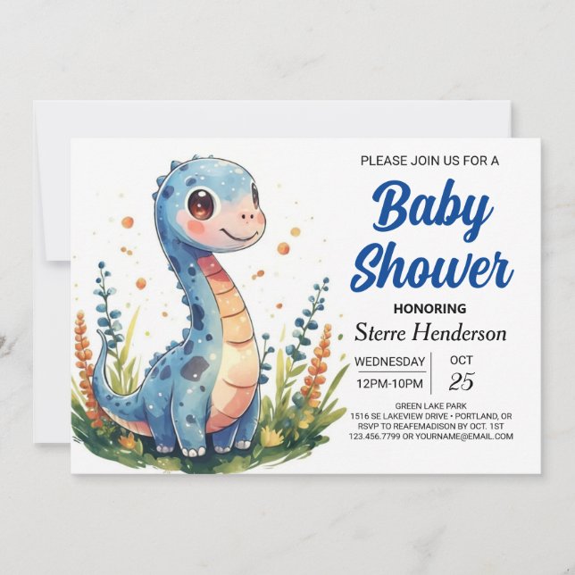 Invitation Chic Whimsical Blue Dinosaur Baby shower garçon (Devant)
