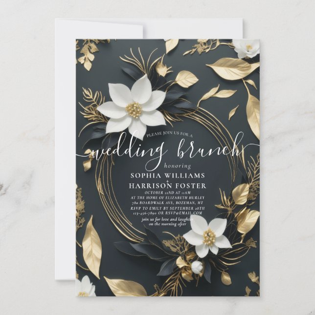 Invitation Chic White Gold Floral Wreath Photo Mariage Brunch (Devant)