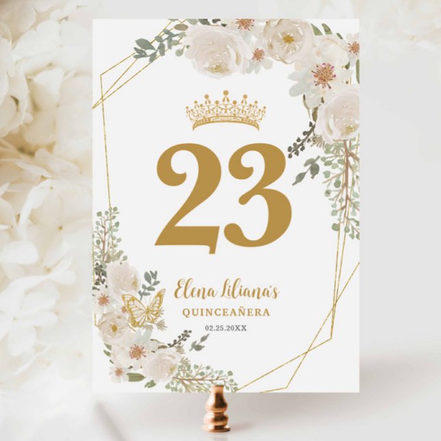 Invitation Chic White Ivory Floral Quinceanera Table Number (Créateur téléchargé)