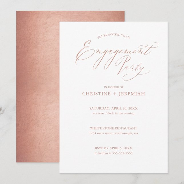 Invitation Chic White Rose Gold Calligraphy Engagement (Devant / Derrière)