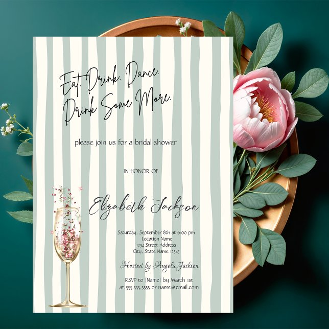Invitation Chic Wine Glass Confetti Green Striped  (Créateur téléchargé)