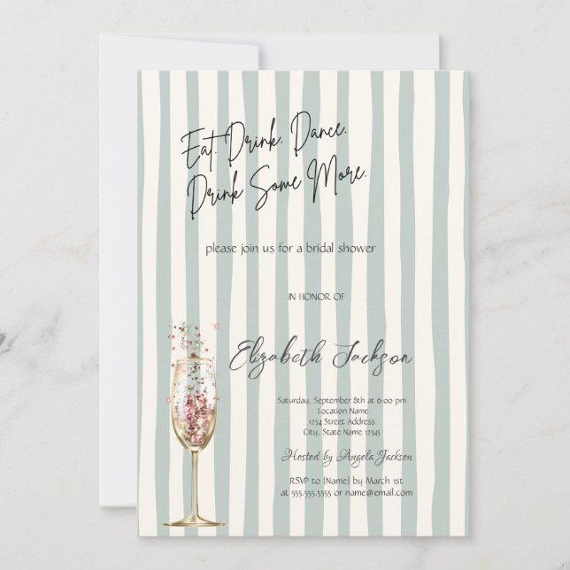 Invitation Chic Wine Glass Confetti Green Striped  (Devant)