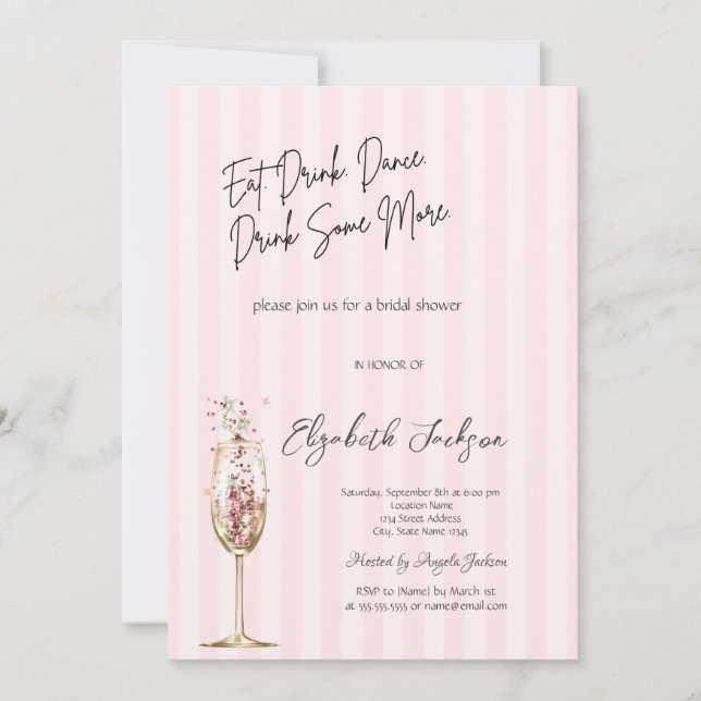 Invitation Chic Wine Glass Confetti Pink Striped  (Devant)