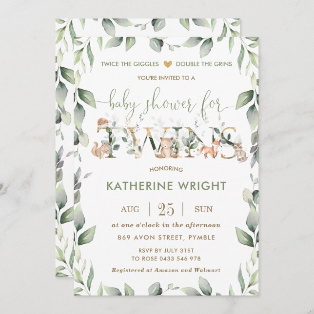 Invitation Chic Woodland Animals Baby shower Jumeaux de verdu (Devant / Derrière)