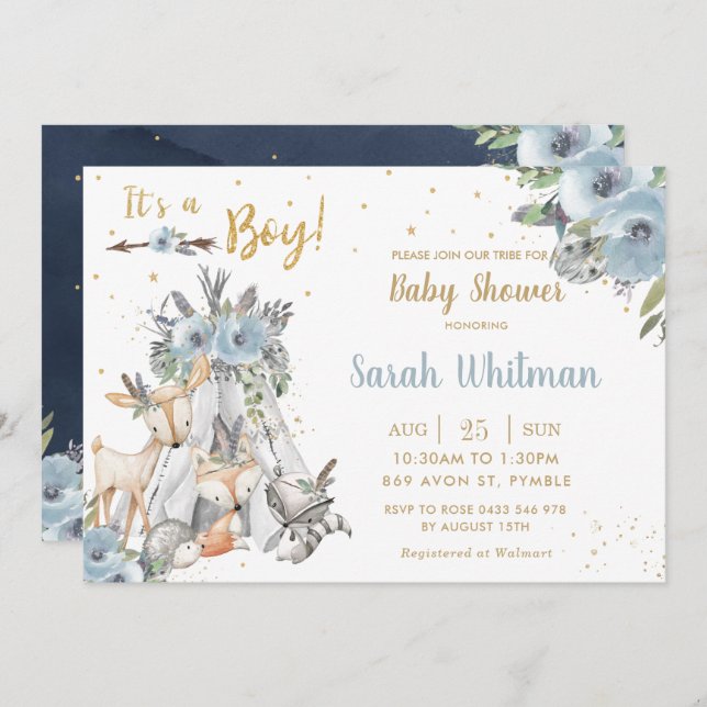 Invitation Chic Woodland Animaux Tribal Boho Boy Baby shower (Devant / Derrière)
